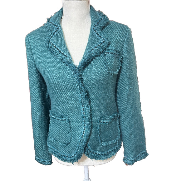Dialogue Jacket Blazer Women's Sz 4 Wool blend Teal Green Tweed Boucle Career - Picture 1 of 11